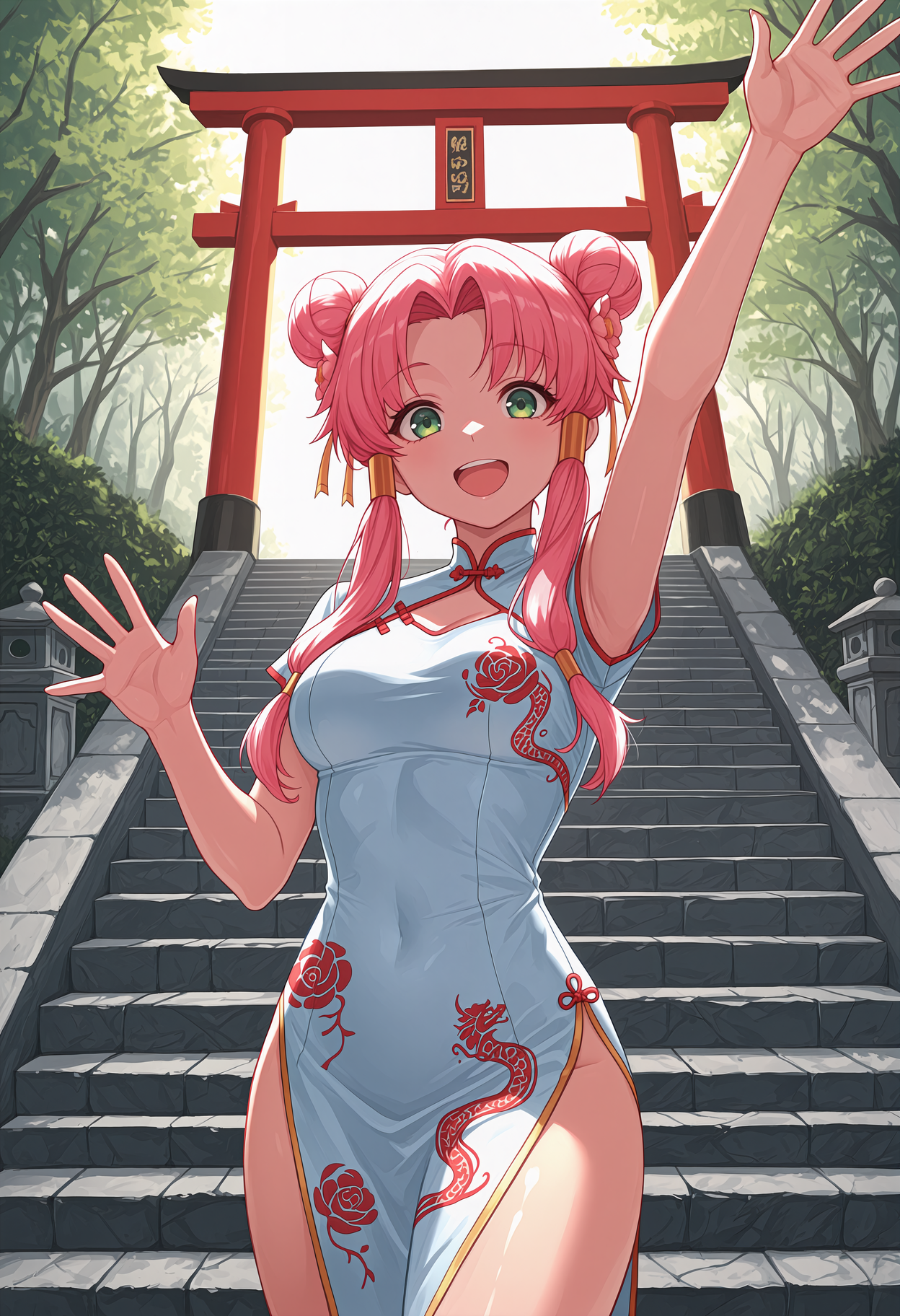 (aria) mizunashi akari - china dress - shrine stairs - waving_00820.png