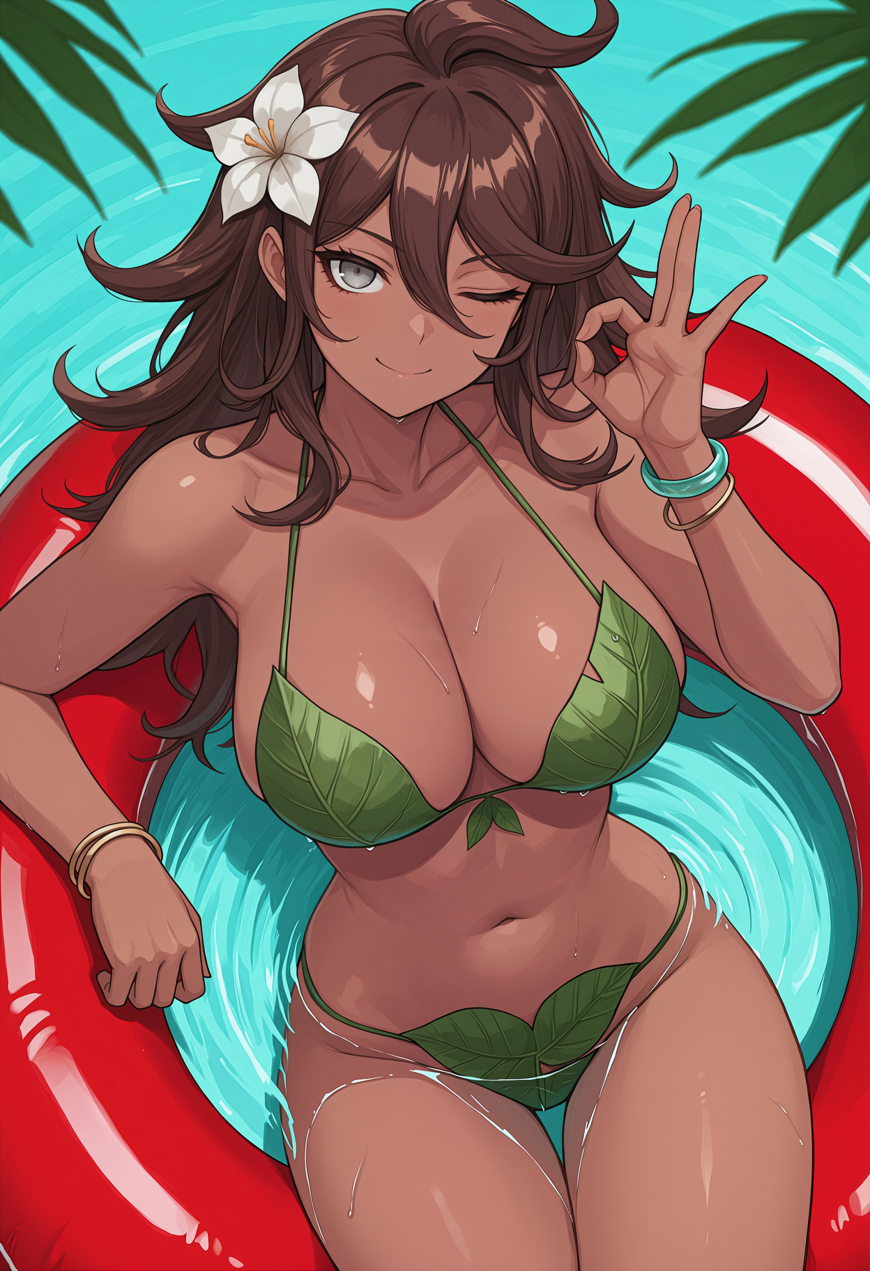 (danganronpa) akane owari - leaf bikini - shallow water - on innertube_00700.png
