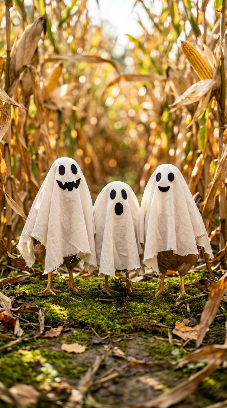 Firefly_Gemini Flash_A whimsical Halloween scene in a sunlit cornfield- three small chickens s...png