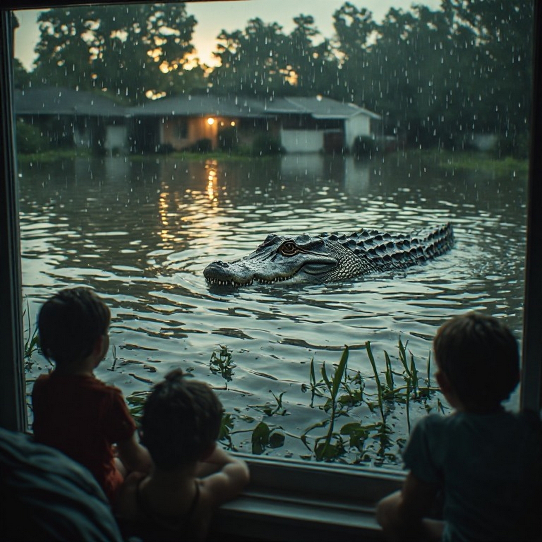 giant alligator in floodwaters outside houses.jpg