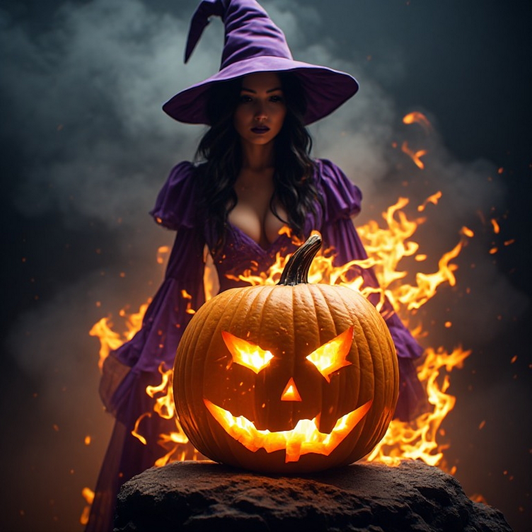 girl in witch costume with fiery pumpkin.jpg