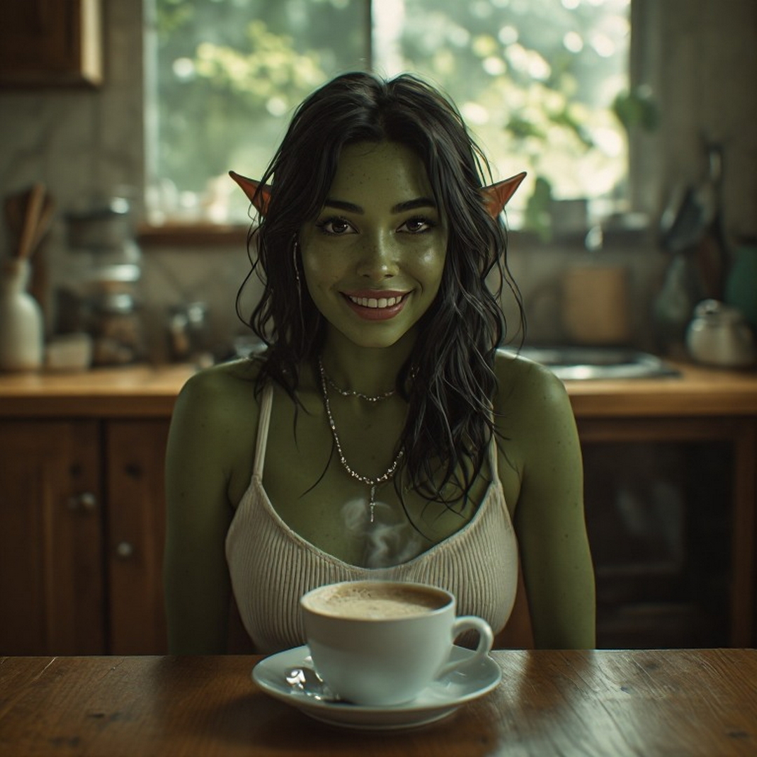 goblin drinking coffee in kitchen.jpg