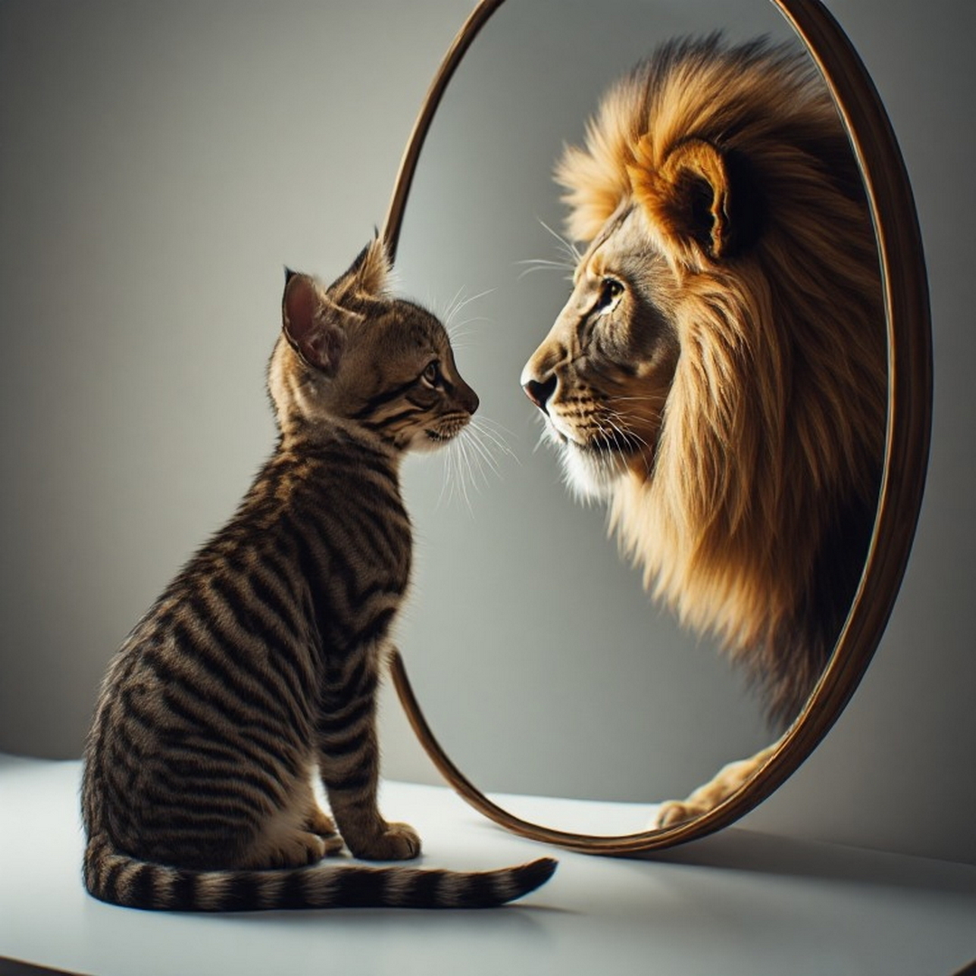 kitten looking at reflection of lion.jpg