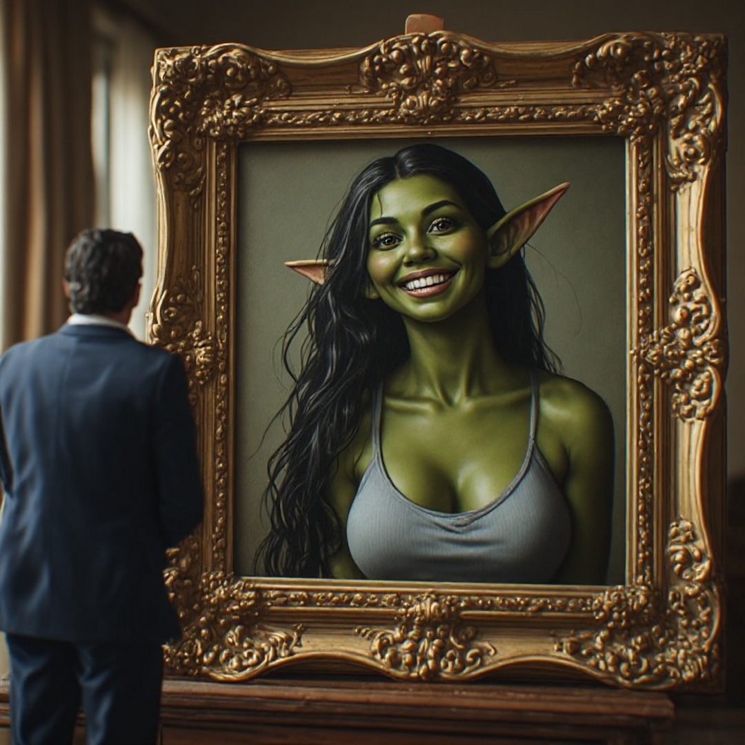 man looking at painting of goblin.jpg