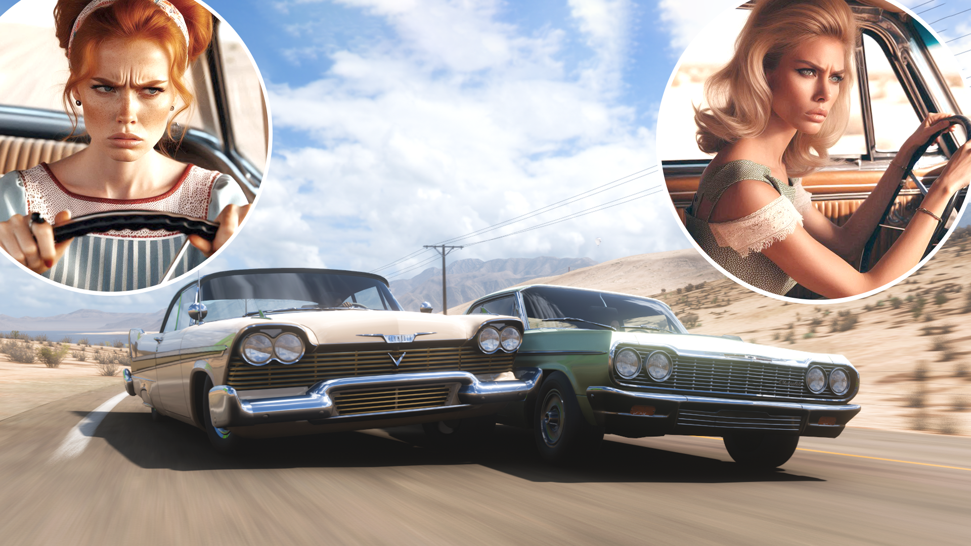 Plymouth Fury vs Chevrolet Impala girly duel by CarChaseChicks.png
