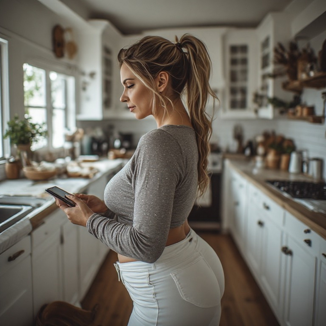 woman looking at phone in kitchen.jpg