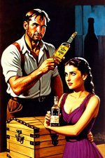 02871-1000-lamia guarding a treasure chest, indiana jones holding bottle of whiskey facing lam...jpg 02871-1000-lamia guarding a treasure chest, indiana jones holding bottle of whiskey facing lam...jpg