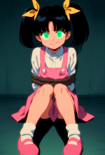 Retro anime artstyle, {Child}, girl, black hair, twintails, yellow hair ribbons, s-1254794838.png