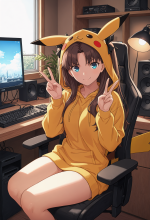 (fate) tohsaka rin - pikachu - gamer desk - peace sign_00730.png