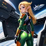 03754-1008-Elf girl in [mech_space] suit, [fighter_space] ship behind her, runway.webp