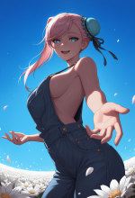 (fate) miyamoto musashi - overalls - flower field - beckoning_00759_1.png
