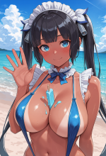 (danmachi) hestia - maid swimsuit - beach - waving_00528.png