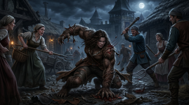 Firefly_Gemini Flash_Villagers attacking the character hunched down turning into a bear all cl...png